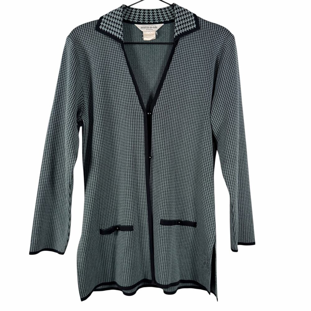 Exclusively Misook Button Cardigan Sweater Bluish Gray Black Topper Layer Sz XS